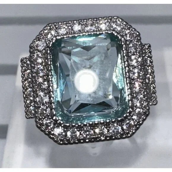 Aquamarine Cubic Zirconia Crystal Statement Ring Size 6 - Picture 2 of 16